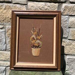 Vintage Framed Needlepoint Wall Hanging Flower Crock with Brown Background